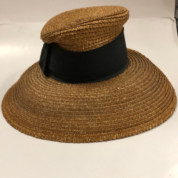 Eric Javitz woven hat light brown structure large brim w black ribbon Excellent - Picture 2 of 9